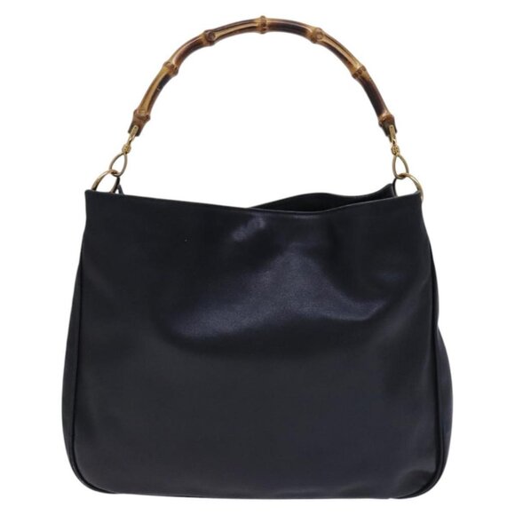 GUCCI Bamboo Hand Bag Leather 2way Black Gold Auth - Picture 3 of 16